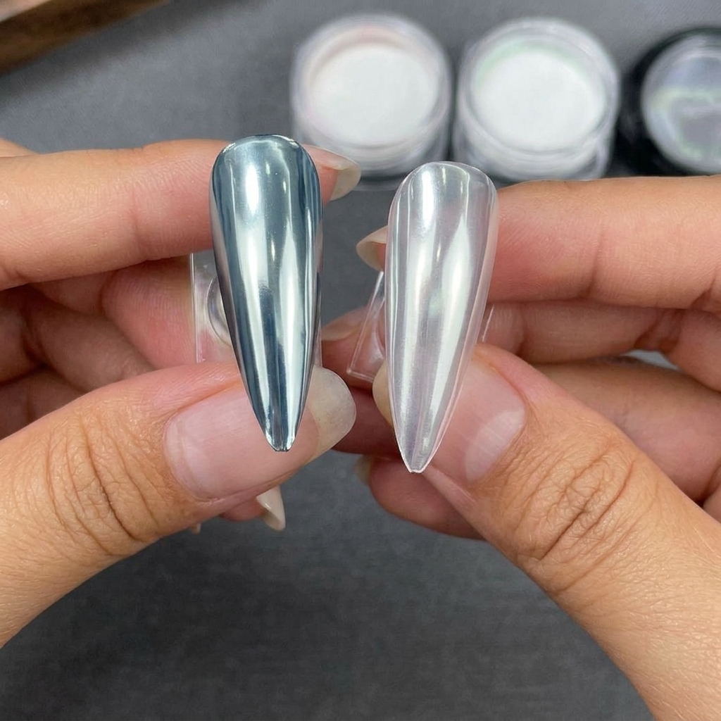 Due punte per unghie a stiletto tenute fianco a fianco, una con base nera e una trasparente, entrambe finite con polvere argentata Crystal Plating altamente riflettente.
