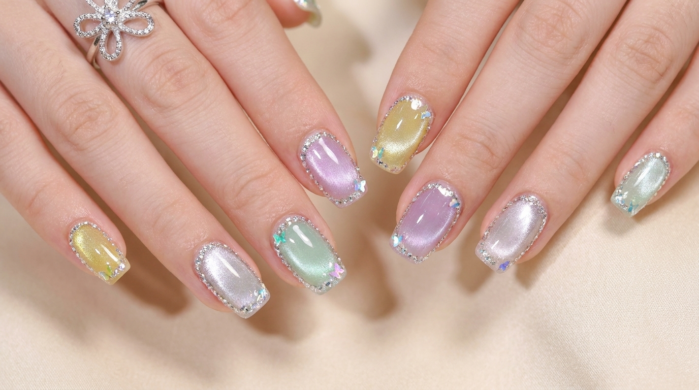 Nail Art Estiva Colorata con Cat Eye e Bordo di Diamanti — Tutorial Passo Passo