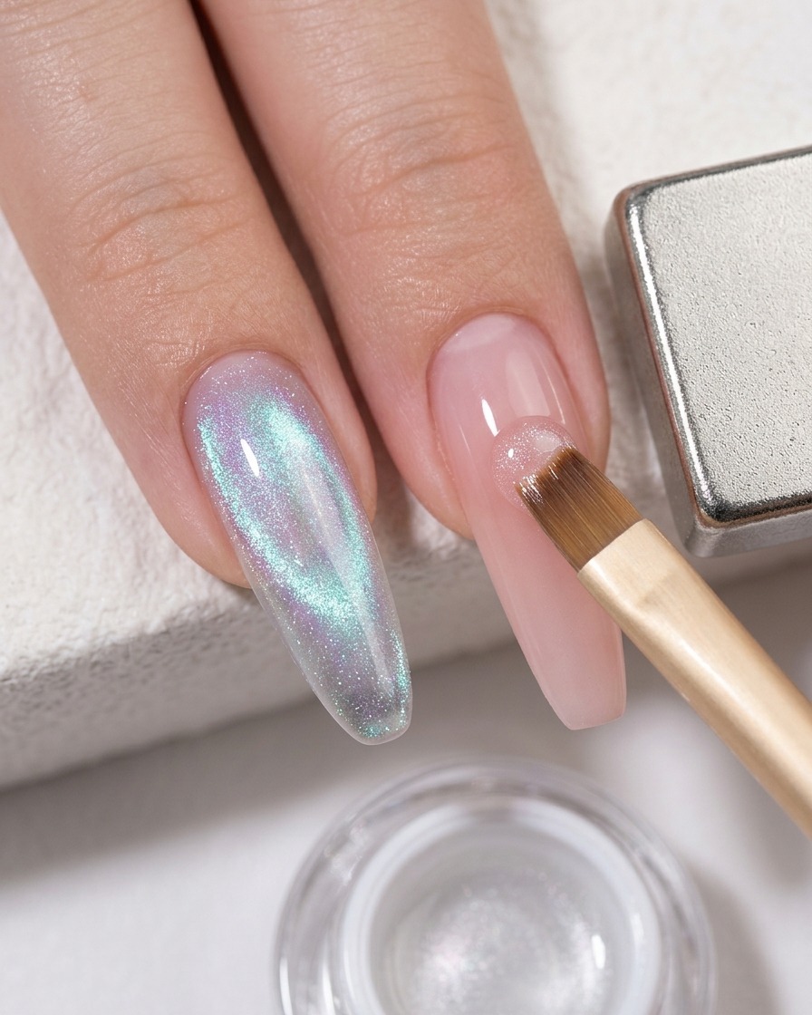 Un pennello che applica uno strato di gel cat-eye trasparente su ununghia con gradiente rosa blush.