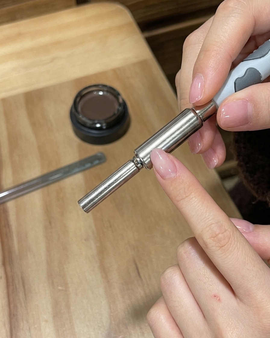 Una mano tiene un magnete cilindrico argentato sopra ununghia smaltata per attivare il design cat-eye.