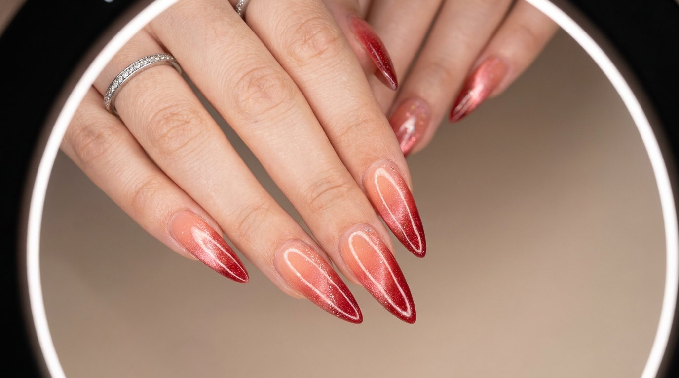 Unghie a Stiletto Lunghe con Effetto Cat-Eye Sfumato Color Pesca per l'Inizio Primavera
