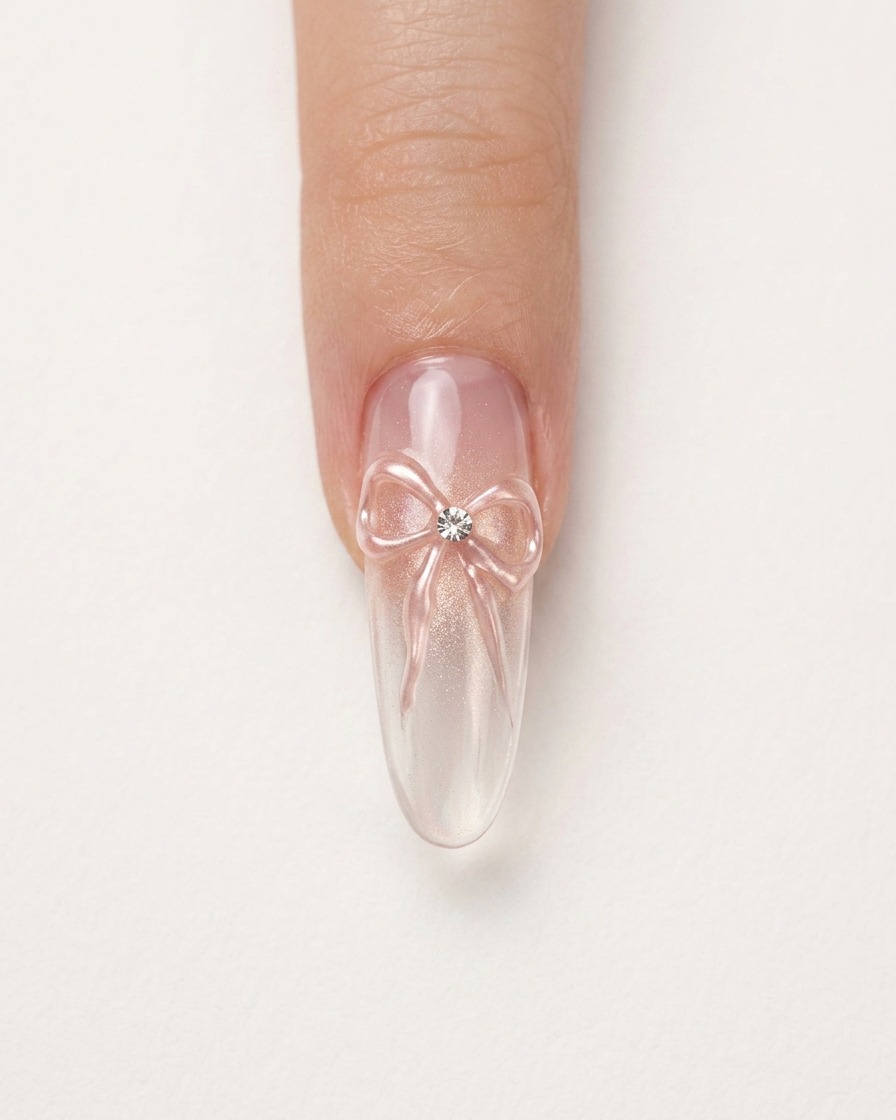 Nahaufnahme einer Bürste, die schimmerndes Silber-Cat-Eye-Gel auf einen verlängerten Nagel aufträgt.