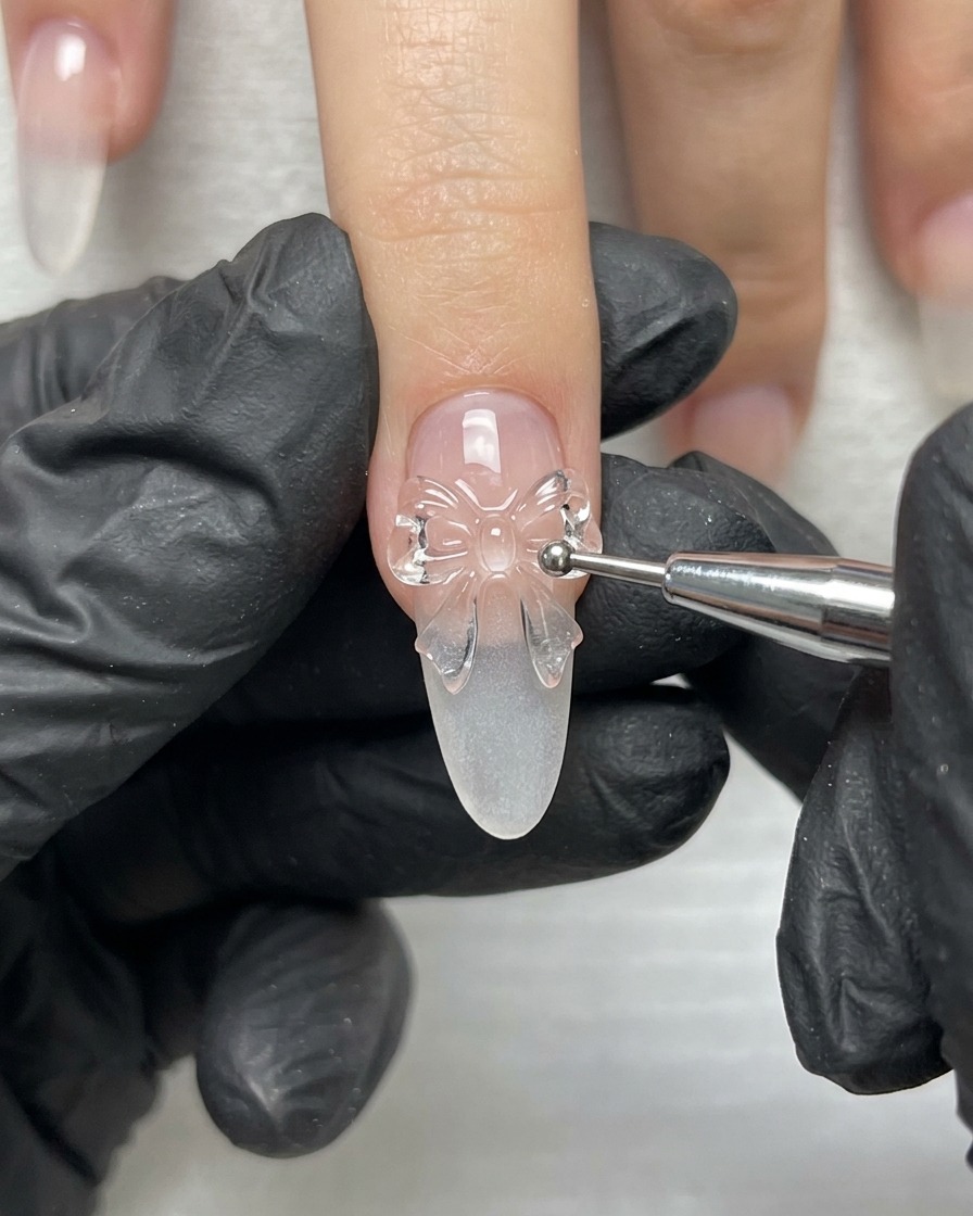 Eine behandschuhte Hand hält ein feines Detailwerkzeug und bearbeitet die 3D-Schleifenstruktur auf einem verlängerten Nagel.