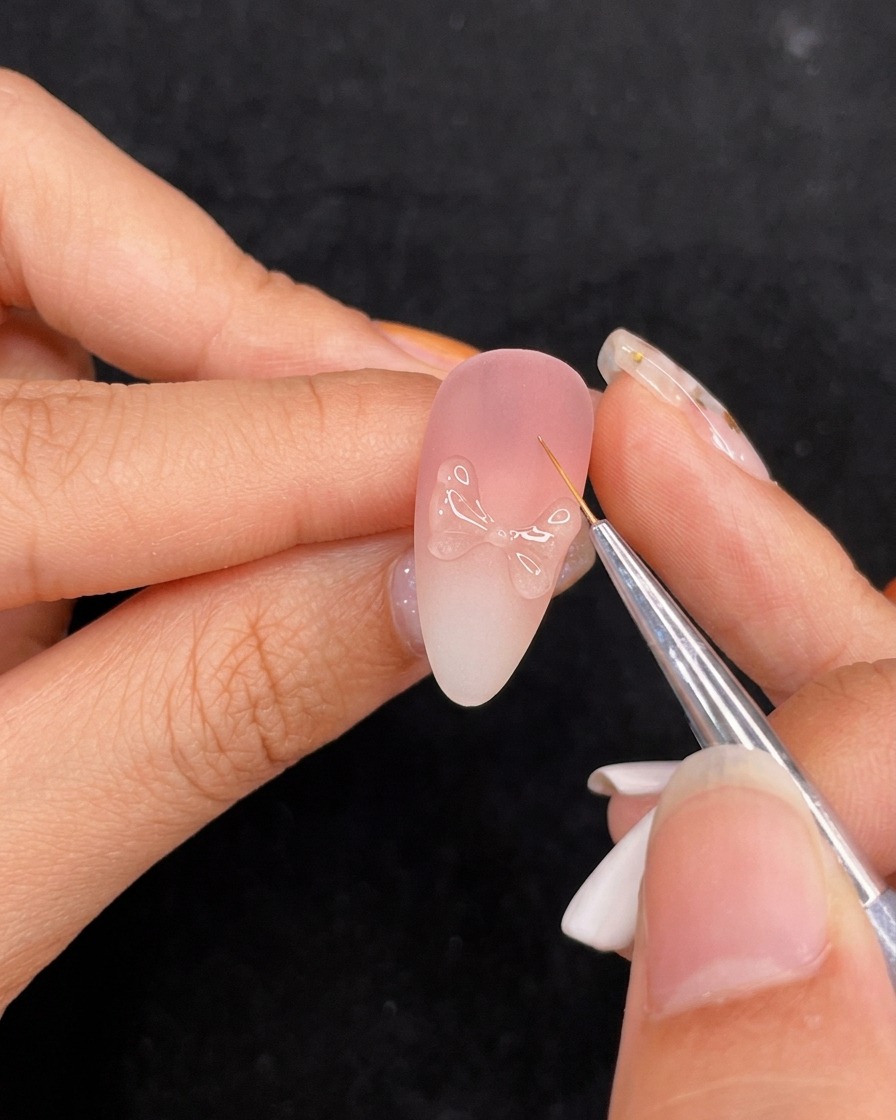 Un pennello sottile che applica il top coat sopra la struttura di un fiocco per nail art 3D.