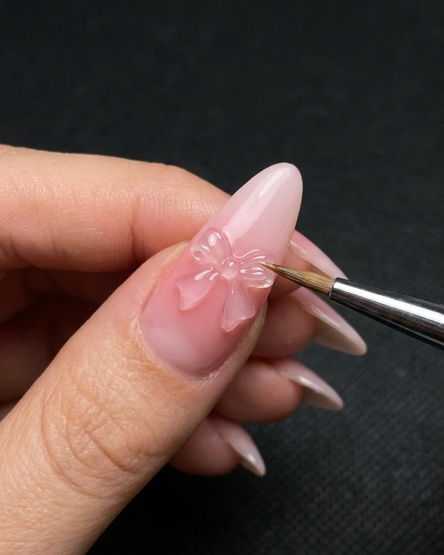 Un pennello sottile che delinea i bordi di un fiocco in gel 3D su ununghia manicurata.