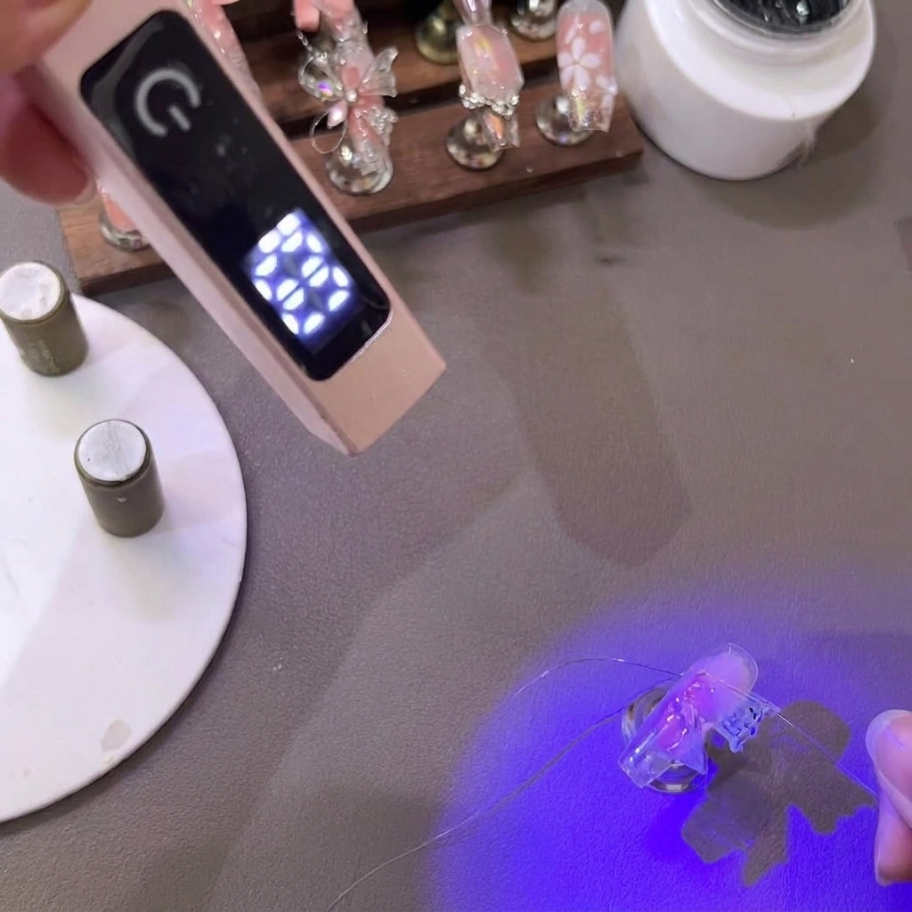 Pinzette che tirano e modellano le delicate punte di unala di farfalla in gel PVC sotto una mini lampada UV.
