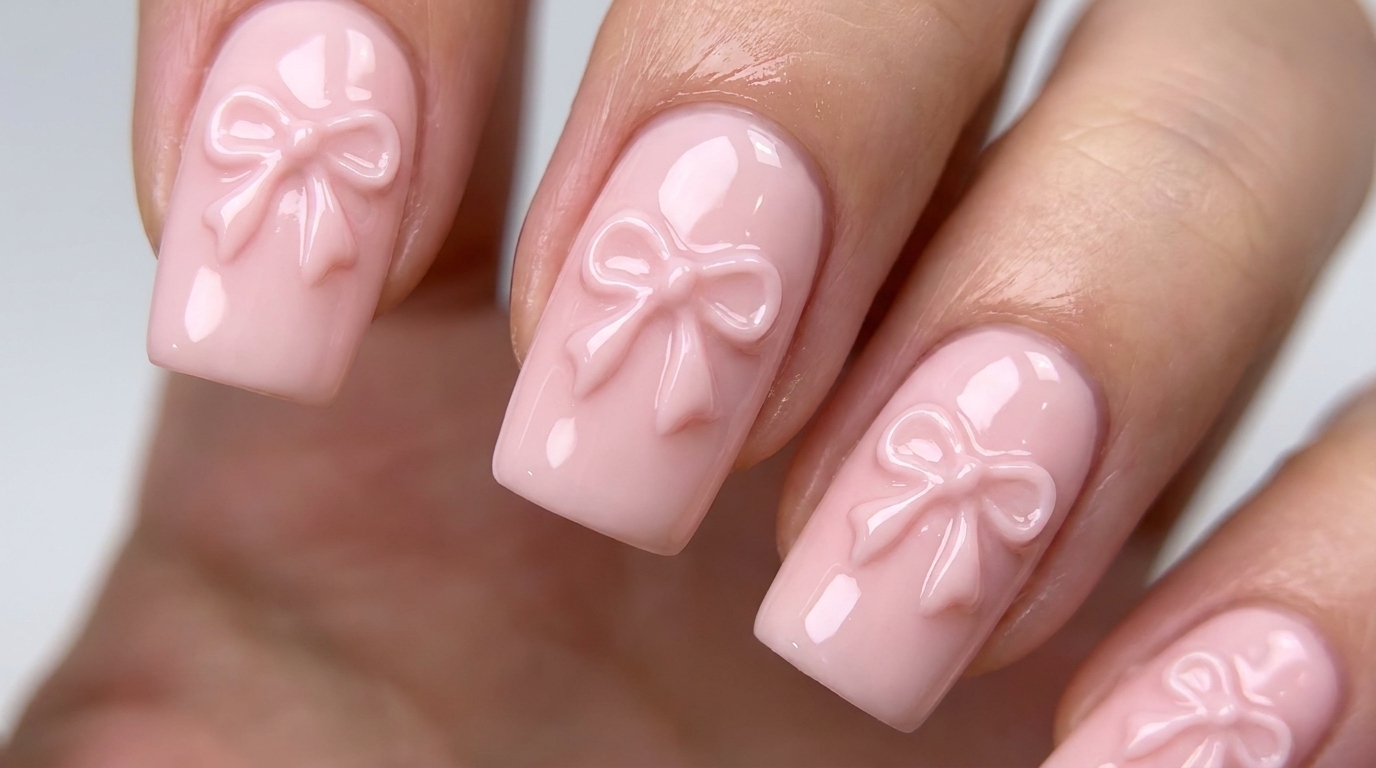 Tutorial per unghie gel rosa con fiocco 3D in rilievo