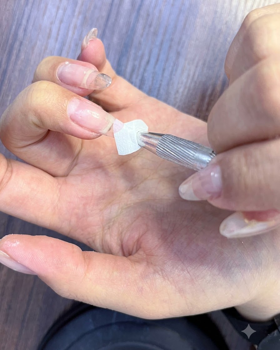 Un morbido spingicuticole in metallo che spinge delicatamente le cuticole su ununghia naturale.