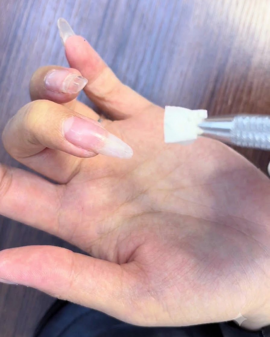 Applicazione di blooming gel bianco e rosa sulla superficie dellunghia per formare un effetto ombré.