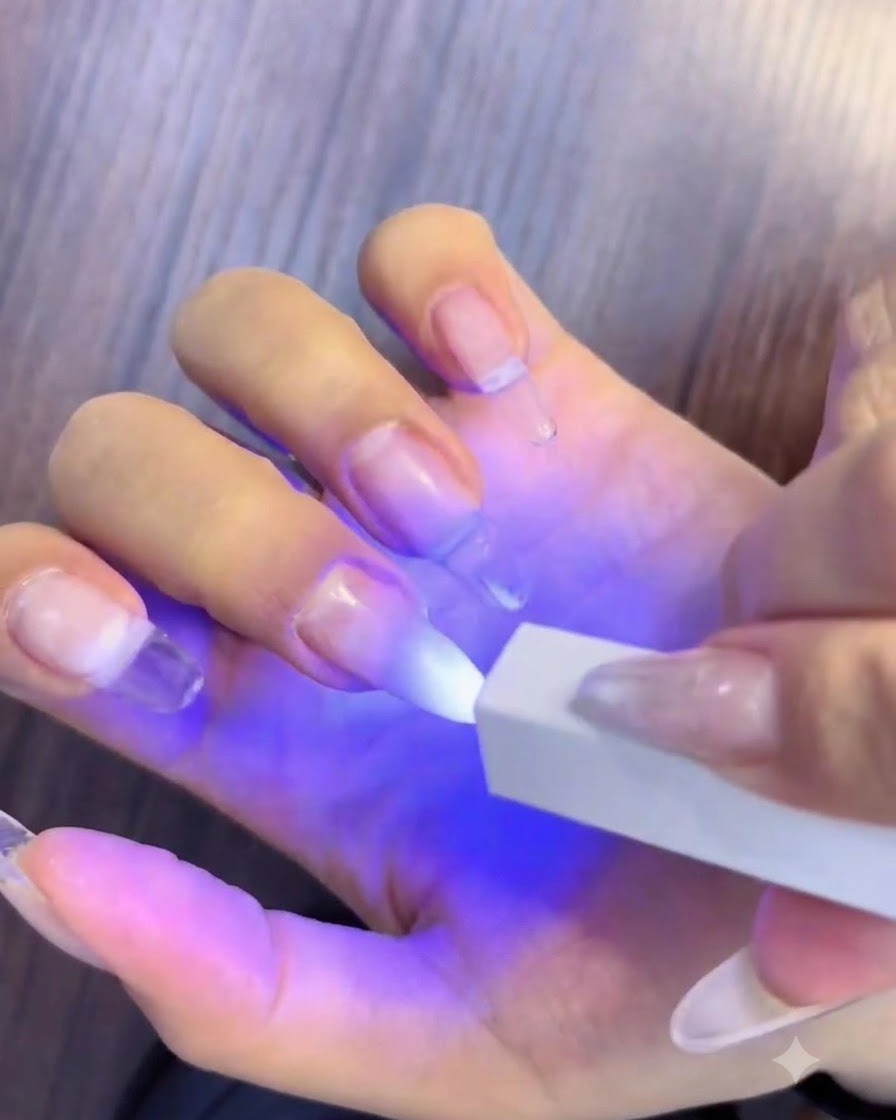 Una mano sotto una mini lampada UV/LED portatile che polimerizza le unghie sfumate bianche e rosa.
