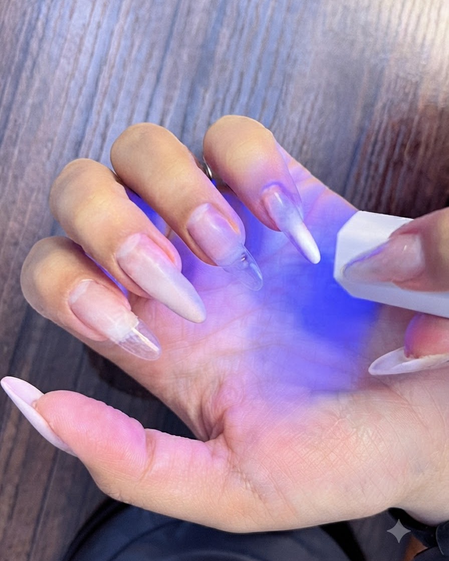 Unghie polimerizzate sotto una mini lampada UV/LED per fissare lapplicazione del gel.