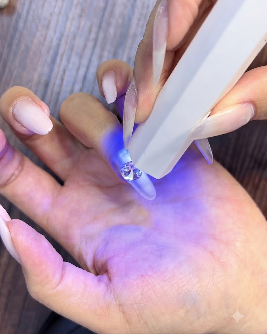 Una luce UV portatile tenuta a distanza ravvicinata su un grande diamante scintillante posizionato su ununghia sfumata rosa.