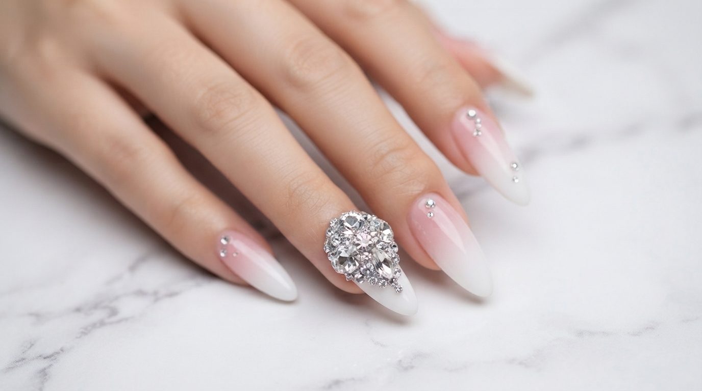 Lussuose Unghie Stiletto Sfumate Bianche e Rosa con Strass a Diamante