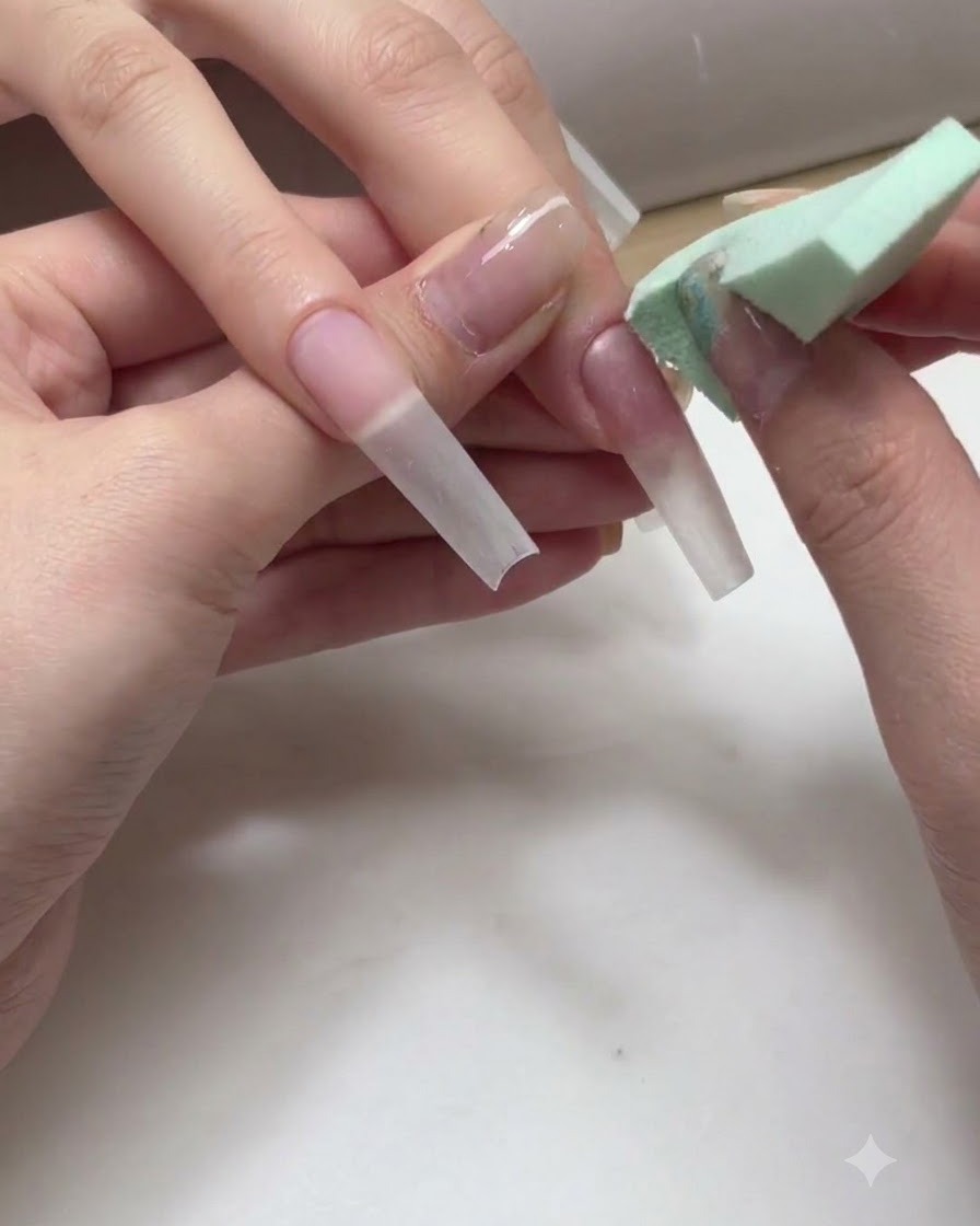 Una mano che usa una spugnetta a cuneo per tamponare e sfumare due colori in gel su unextension ungueale lunga per creare un effetto ombré.