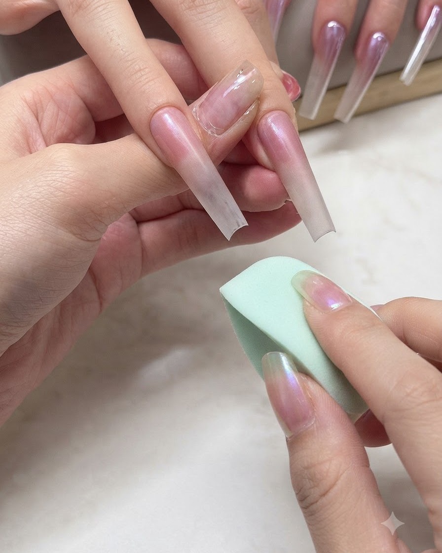 Primo piano di un applicatore in spugna che strofina polvere brillante rosa fine su unextension ungueale lunga dipinta con sfumatura.