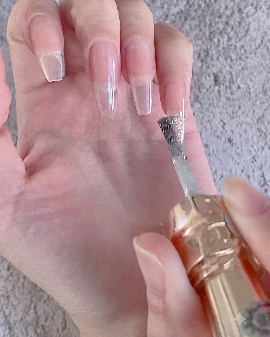 Un pennello che applica una mano di colore di base nude lattiginoso su unestensione per unghie.