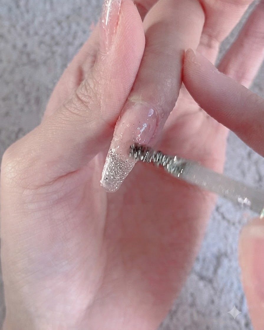 Un pennello pulito che livella un gradiente di glitter con leggere pennellate verticali su ununghia.