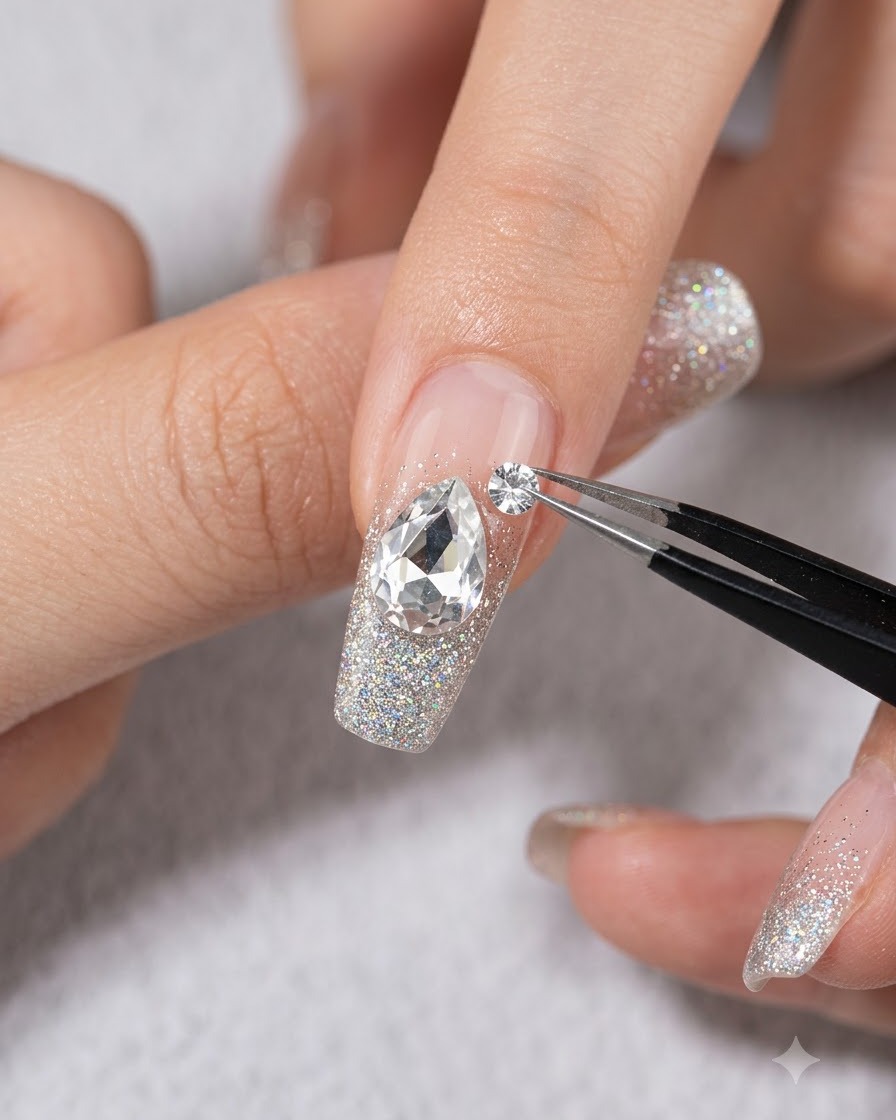 Una pinzetta che posiziona un piccolo strass accanto a una grande gemma a forma di pera su ununghia decorata.
