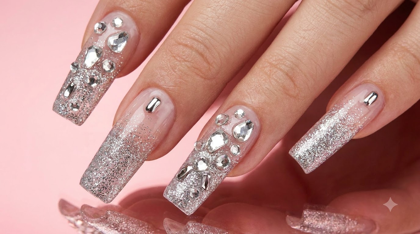 Tutorial di Nail Art Lusso con Gradiente Glitter Argento e Dettagli in Diamante