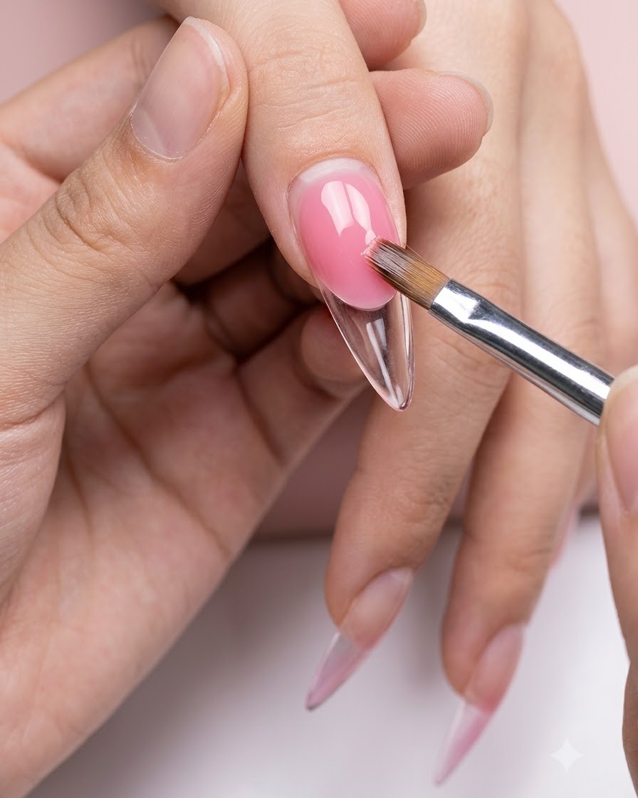 Un pennello applica con cura un terzo strato di gel rosa sulla parte superiore di ununghia sfumata.