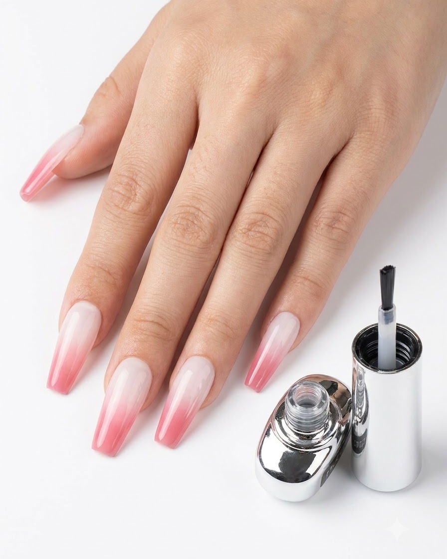 Una mano che mostra le unghie sfumate finite accanto a un flacone di top coat su uno sfondo bianco pulito.