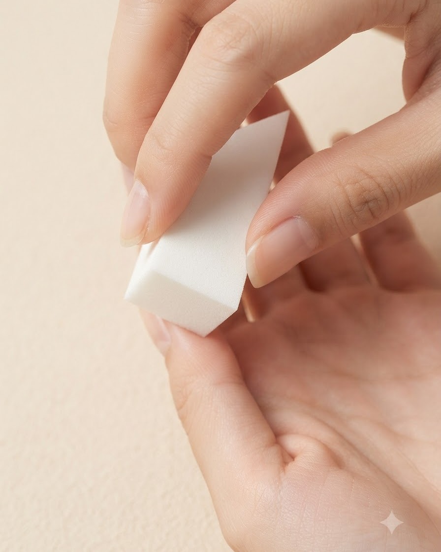 Una mano che tiene una spugnetta per trucco bianca mentre tampona delicatamente la superficie dellunghia.