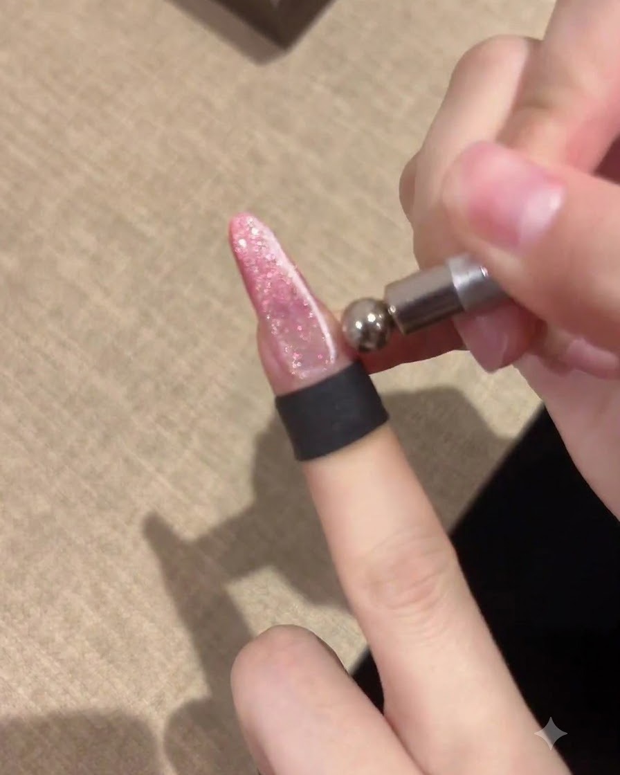 Primo piano di una mano che utilizza un piccolo strumento magnetico con punta sferica per modellare lo smalto gel cat-eye su ununghia rosa allungata.