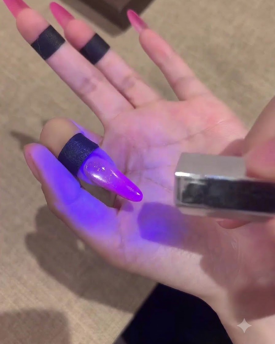 Un pennello per unghie applica uno strato di top coat protettivo lucido sotto la luce viola di una lampada UV.