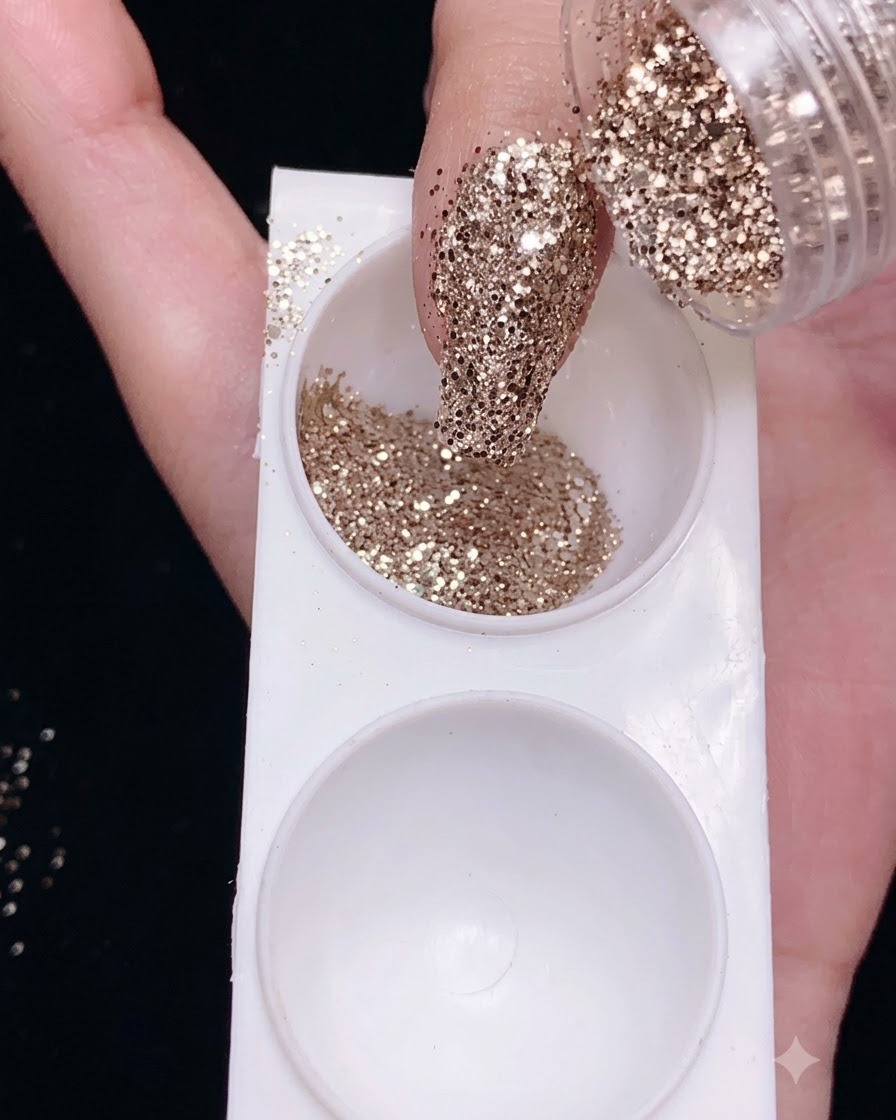 Vista dettagliata di una tip completamente ricoperta da uno strato scintillante di glitter fini argento e oro.