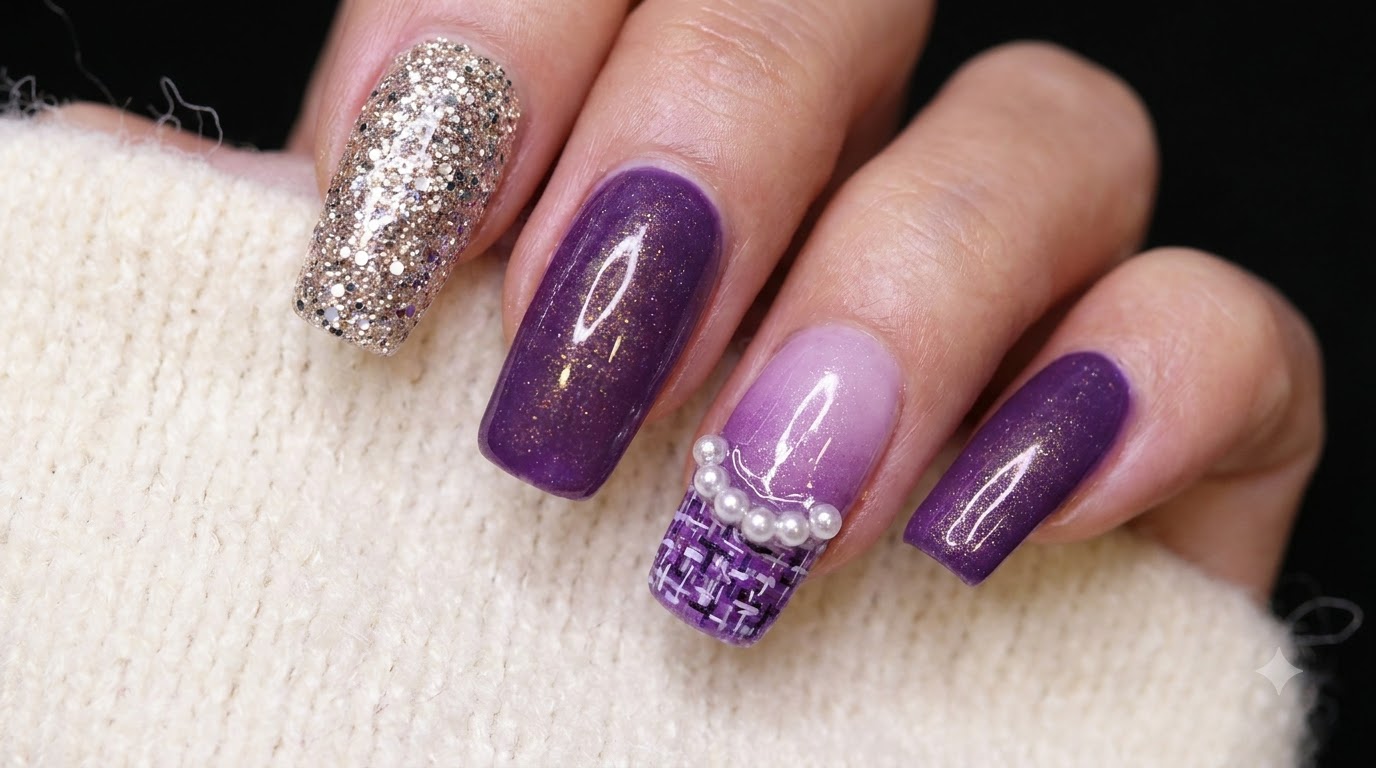 Unghie Tweed Viola e Gel Sfumato con Perle — Tutorial Passo Passo