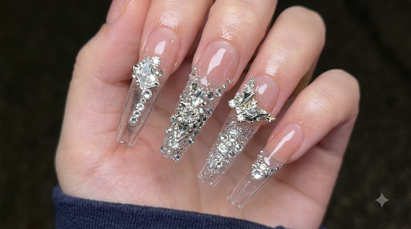 Unghie A Baretta Nude Di Lusso Con Strass — Vetrina Glamour