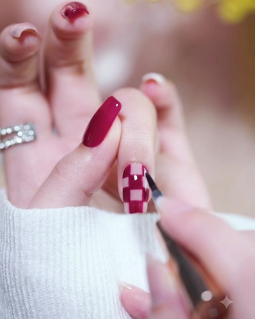 Un pennello che applica un top coat trasparente e lucido su un design di unghie finito magenta e a scacchiera.