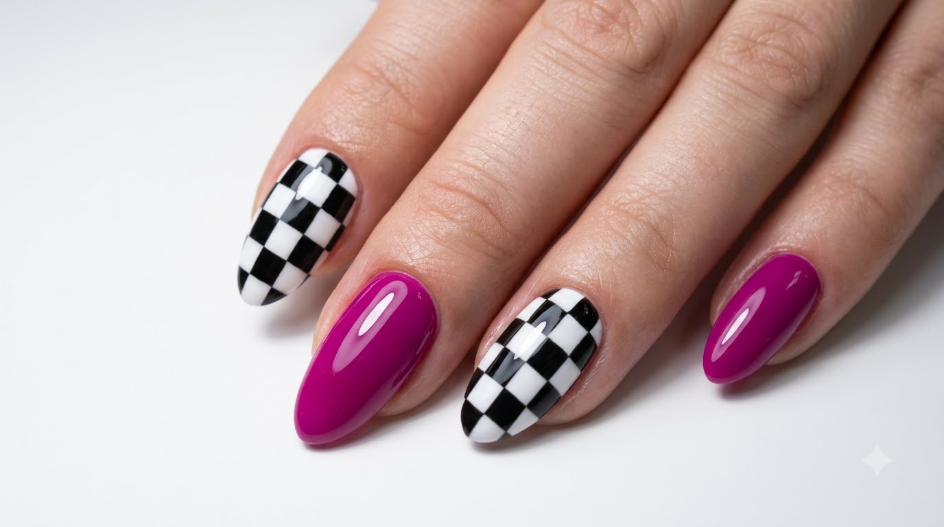 Unghie in Gel con Motivo Scacchiera e Magenta Brillante — Tutorial Passo dopo Passo