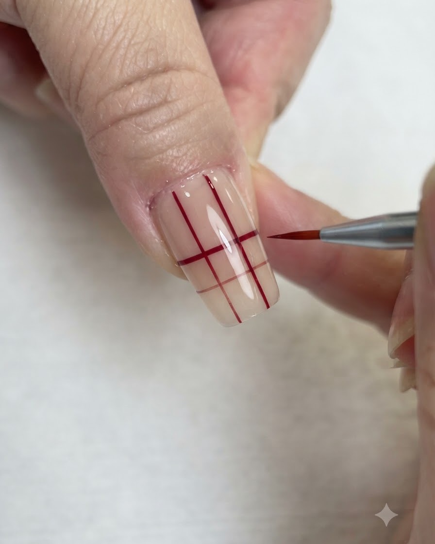 Un pennello liner sottile che disegna linee orizzontali rosse che si intersecano con quelle verticali per creare una griglia su ununghia trasparente.