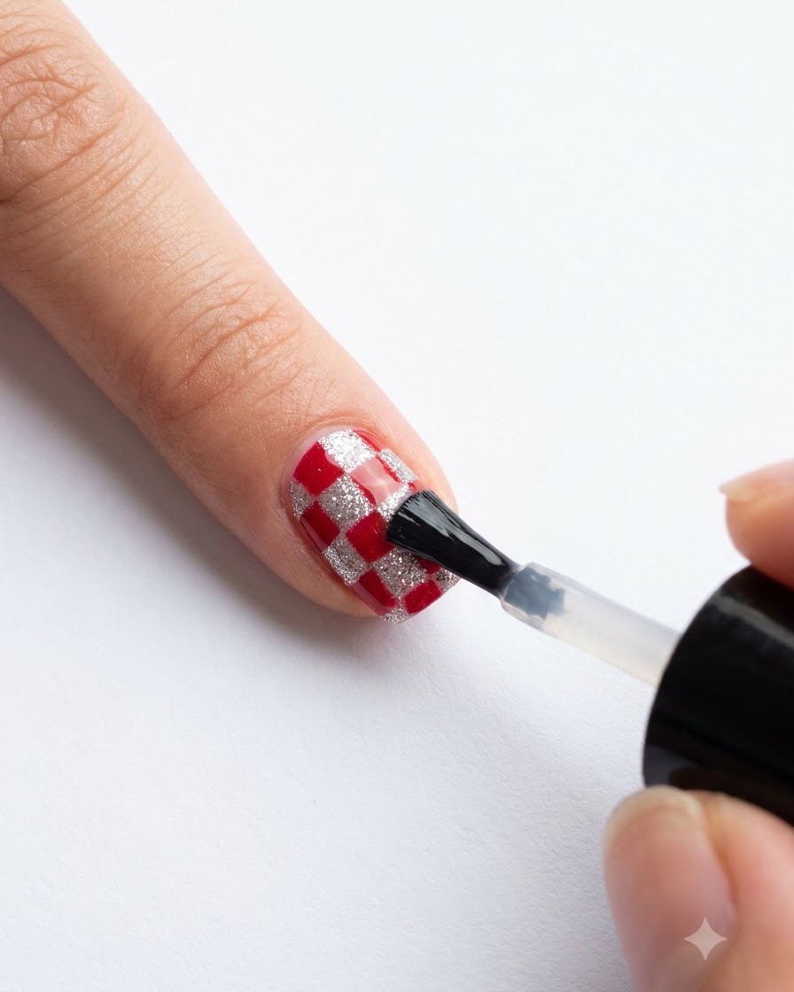 Un pennello da smalto che fa scivolare un top coat lucido trasparente su un design di unghie a quadri rosso e argento completato.