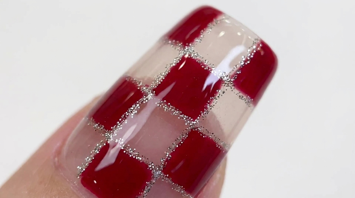 Unghie a Quadri Rosse e Trasparenti con Glitter Argento — Tutorial Passo dopo Passo