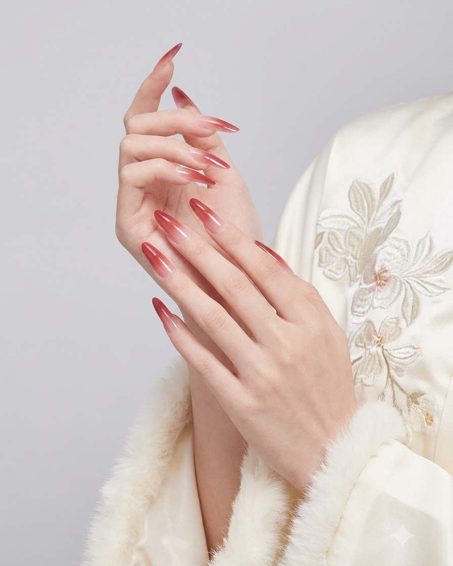 Mani intrecciate dolcemente per mettere in risalto lelevata lucentezza e la perfetta fusione delle unghie sfumate rosse.