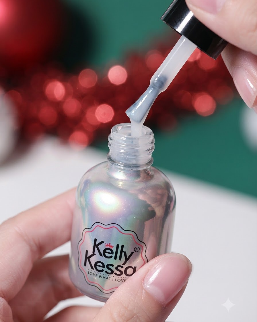 Una mano che regge una boccetta di smalto olografico Kelly Kessa con il pennello sollevato, mostrando il gel che gocciola.