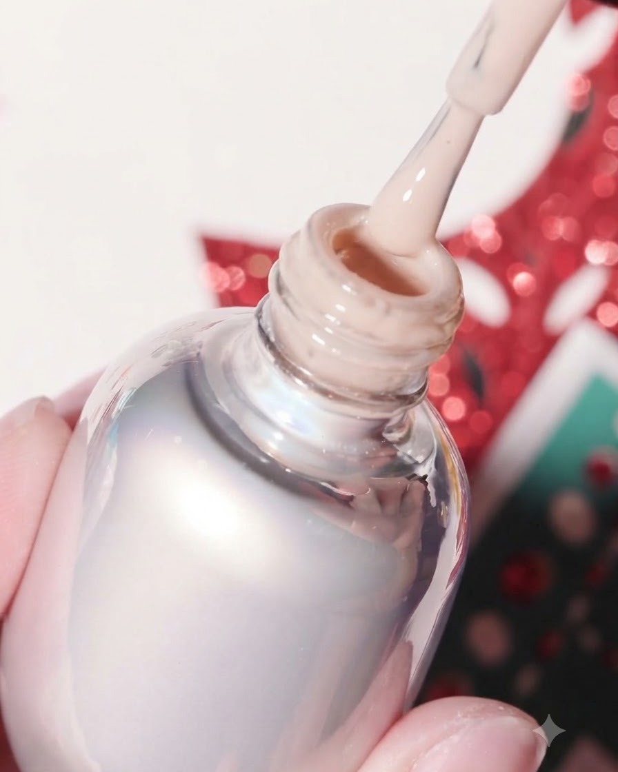 Un pennello che si solleva da una boccetta di smalto gel Kelly Kessa riempita con una tonalità nude calda color pelle.