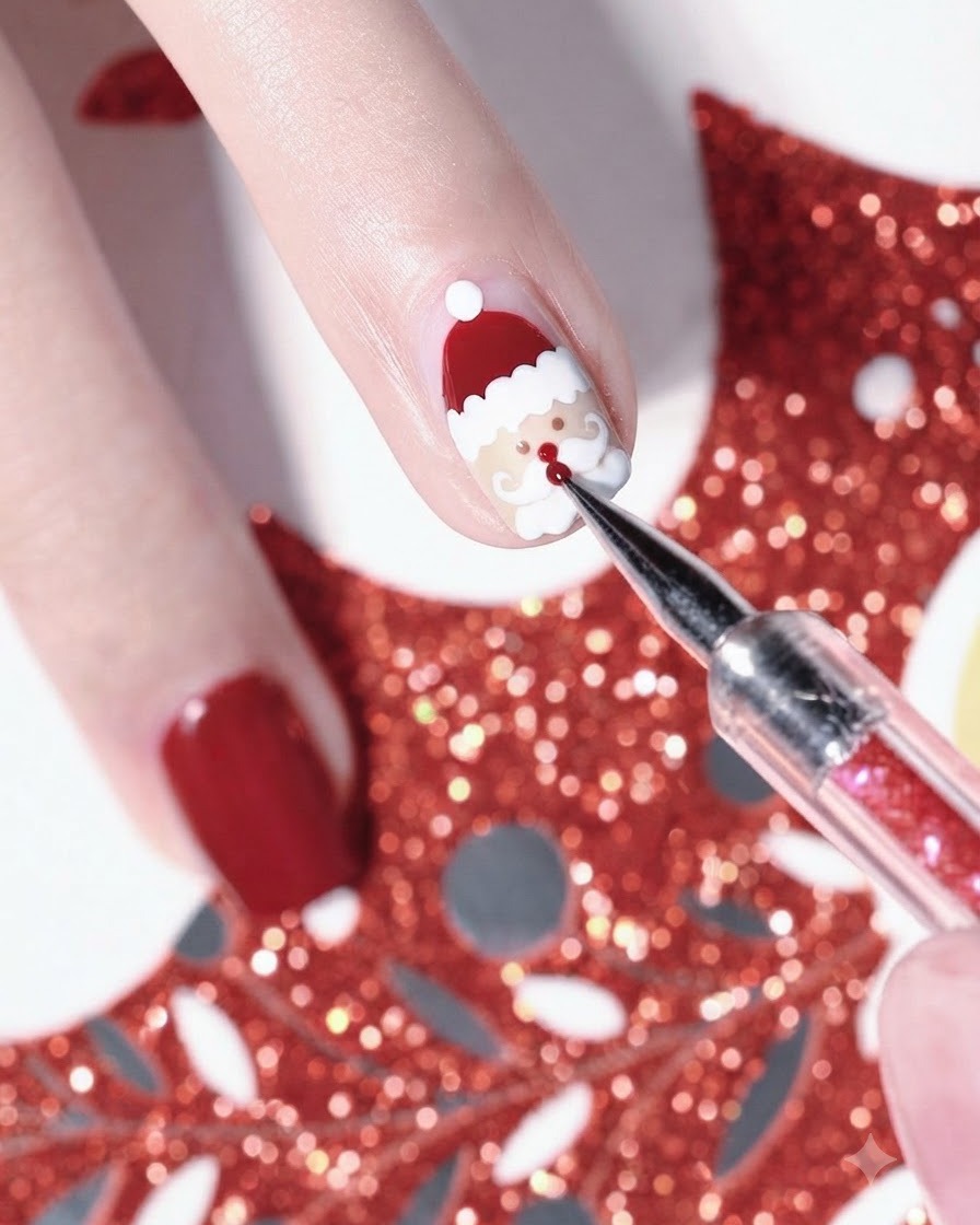 Un primo piano di uno strumento che aggiunge minuscoli punti rossi per il naso e i dettagli del viso di Babbo Natale sulla nail art.