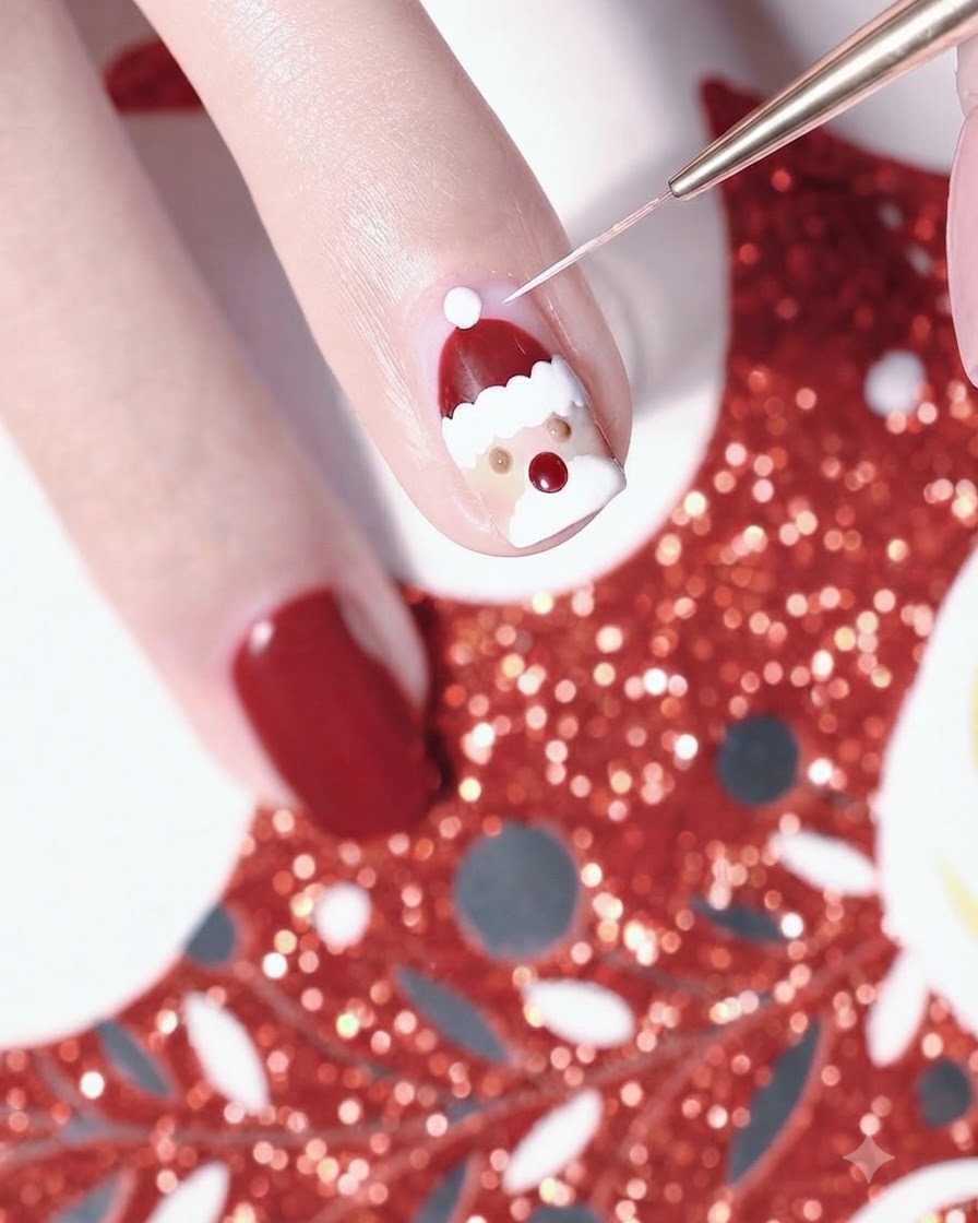 Un pennello liner fine che applica piccoli punti luce bianchi su un design dettagliato di nail art con Babbo Natale.