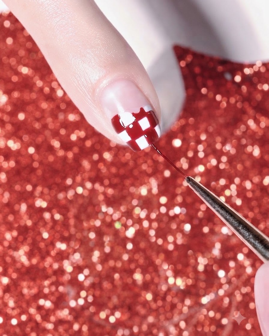 Un pennello fine che aggiunge linee bianche dettagliate a un design per unghie scozzese rosso e bianco.