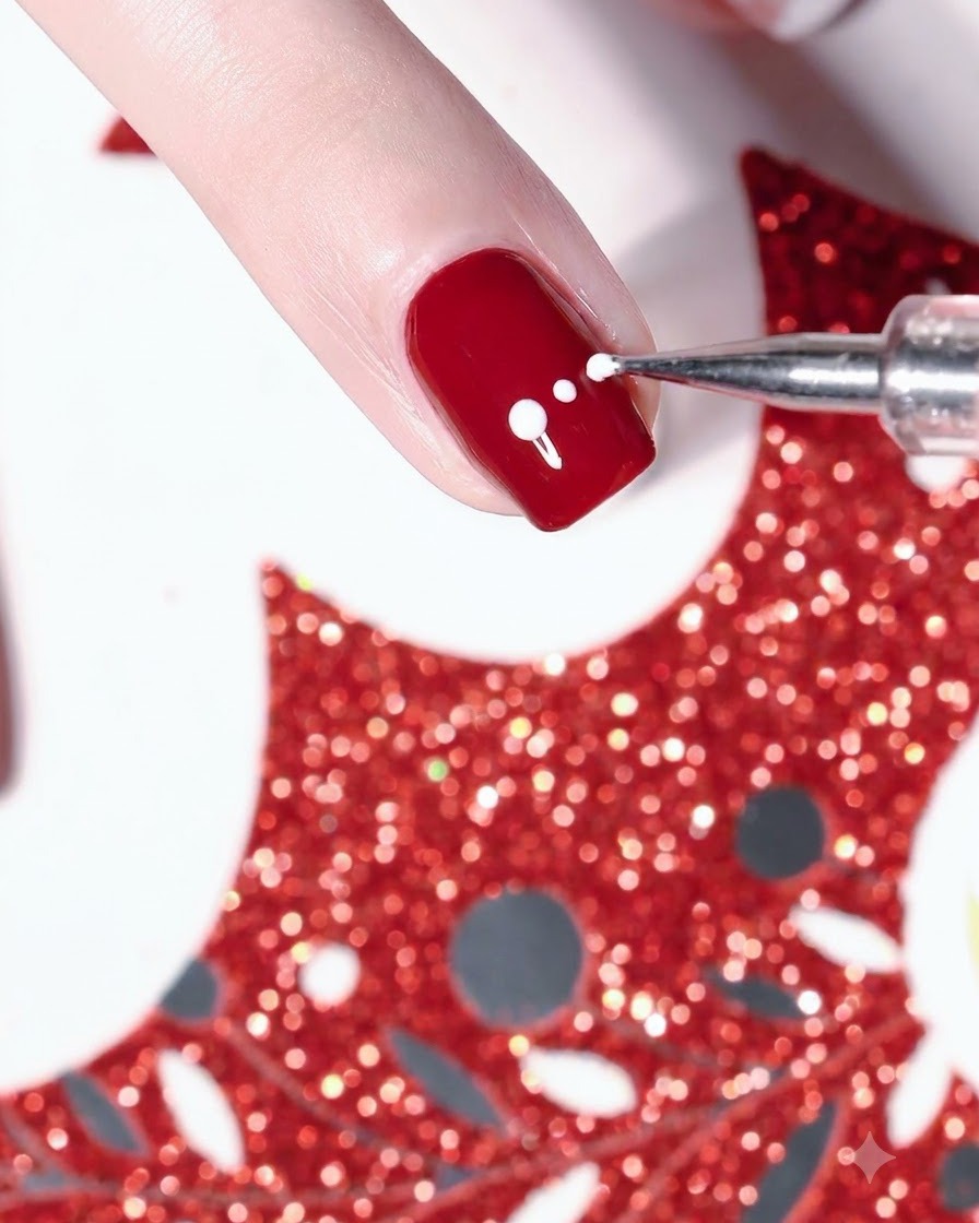 Un pennello per dettagli che applica un design a cuore scintillante bianco sul lato di ununghia dipinta di rosso.