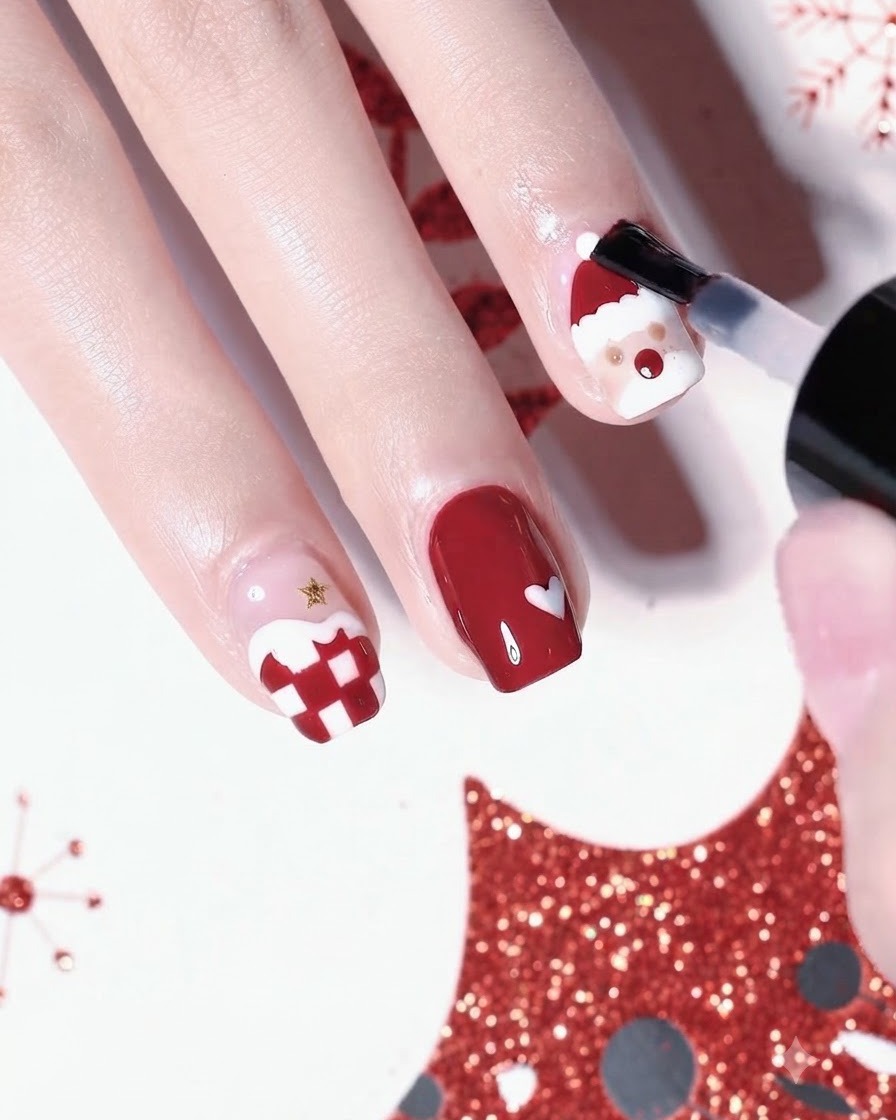 Un pennello che applica un top coat trasparente sui design completati di nail art natalizia su più dita.