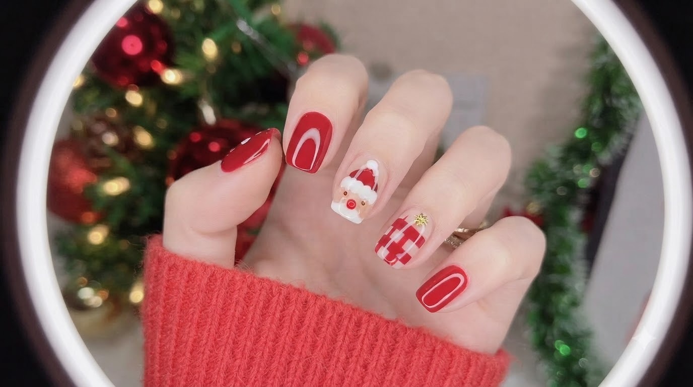 Tutorial di Nail Art Natalizia con Babbo Natale e Motivo Scozzese