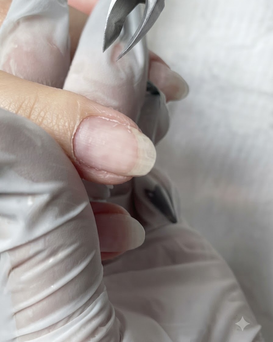 Un paio di forbicine per cuticole metalliche affilate che tagliano la pelle morta in eccesso attorno al bordo dellunghia.