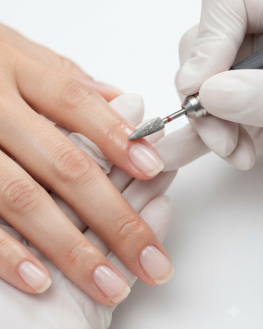 Una vista ravvicinata di una punta da trapano a grana fine che rifinisce leggermente la superficie di ununghia manicure.