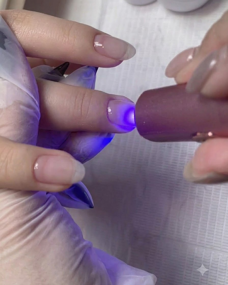 Una lampada UV/LED portatile che polimerizza lo strato di gel costruttore sullunghia.