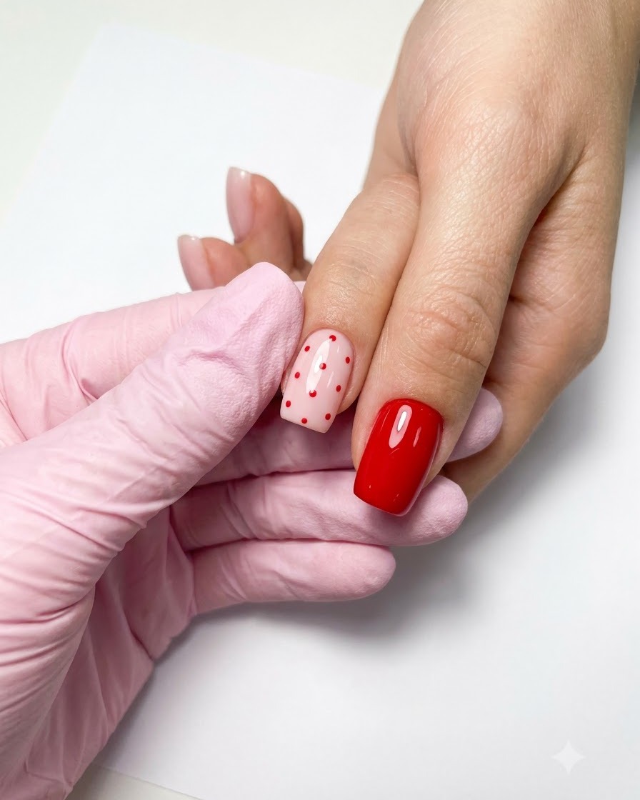 La mano di unonicotecnica che regge una boccetta di smalto gel rosso-magenta brillante mentre dipinge ununghia.