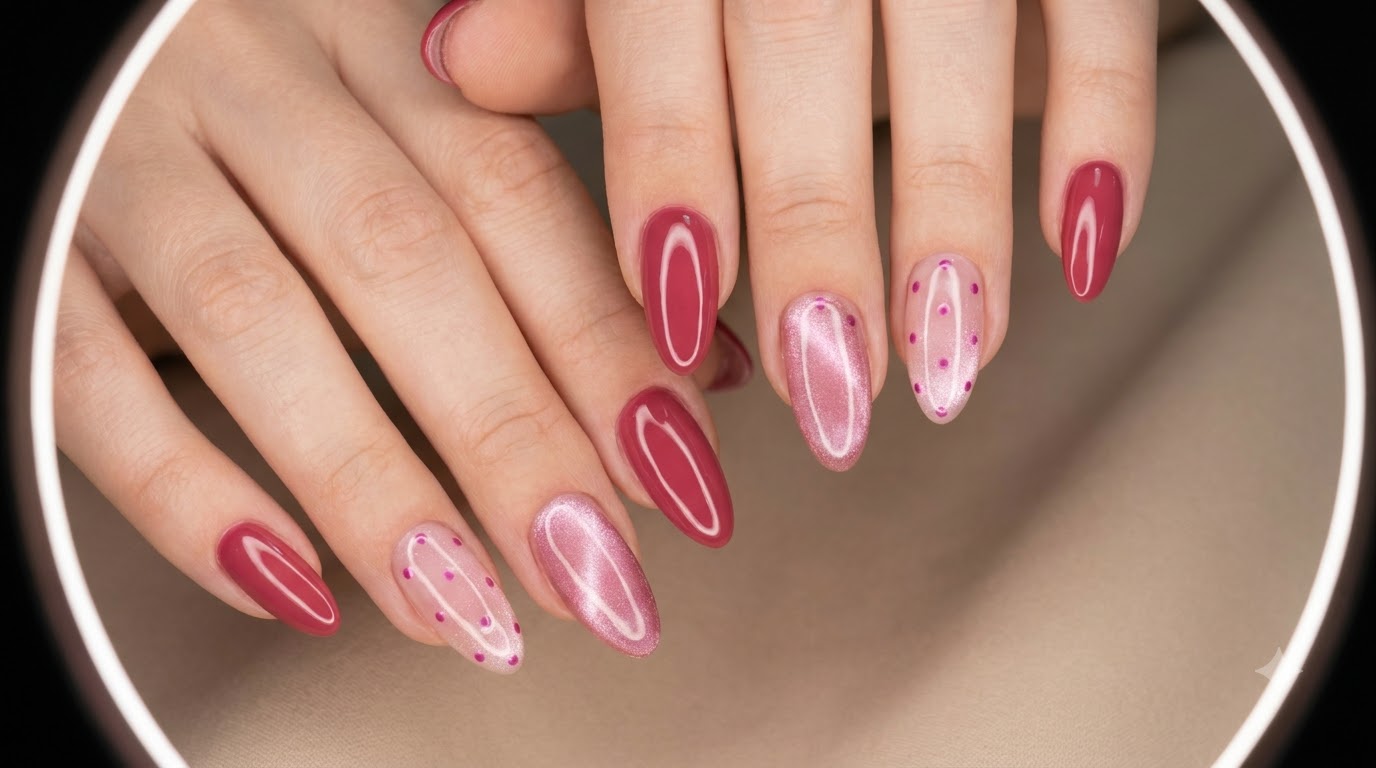 Unghie Rosso Rosa con Pois ed Effetto Occhio di Gatto — Tutorial Passo dopo Passo
